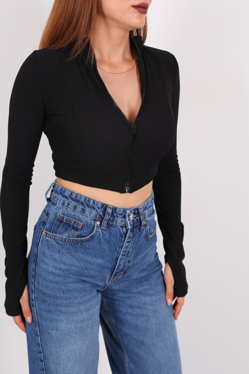 Dik Yaka Parmak Geçirmeli Ottoman Siyah Kadın Crop Ceket - Berox (1)