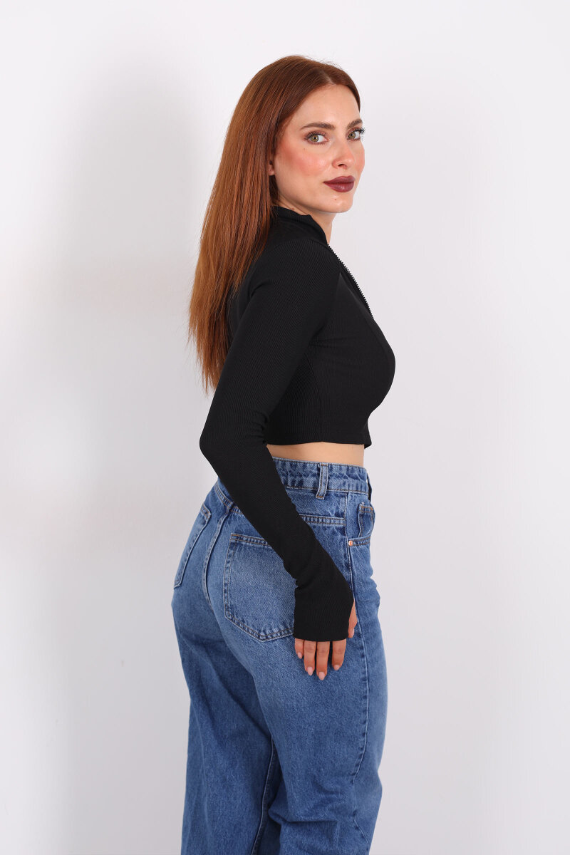 Dik Yaka Parmak Geçirmeli Ottoman Siyah Kadın Crop Ceket - 5