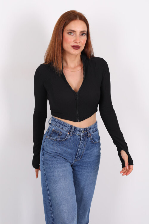 Dik Yaka Parmak Geçirmeli Ottoman Siyah Kadın Crop Ceket - 6
