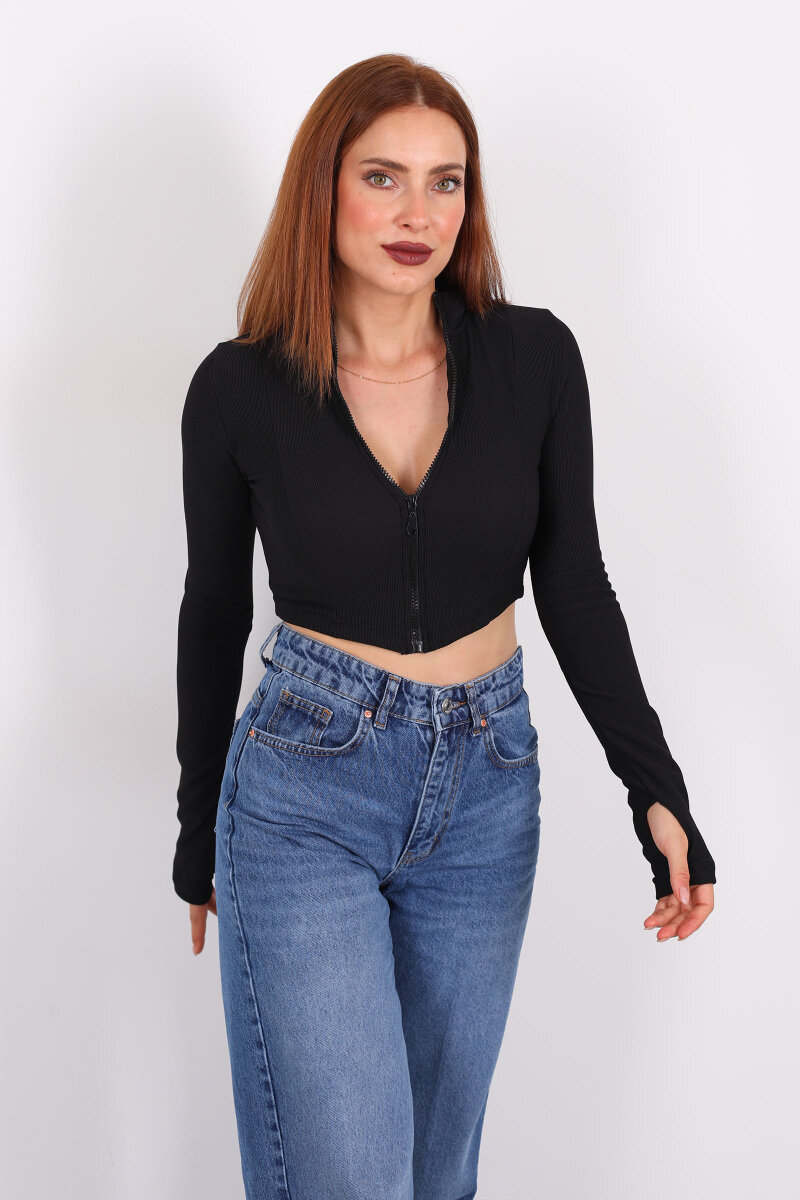 Dik Yaka Parmak Geçirmeli Ottoman Siyah Kadın Crop Ceket - 6