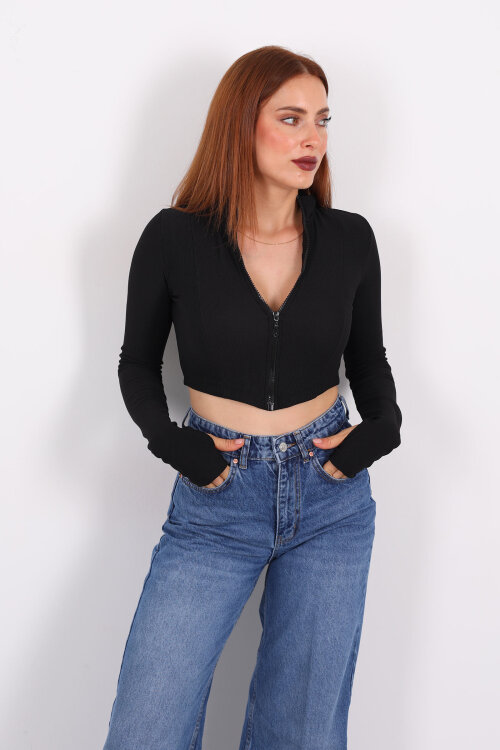 Dik Yaka Parmak Geçirmeli Ottoman Siyah Kadın Crop Ceket - 3