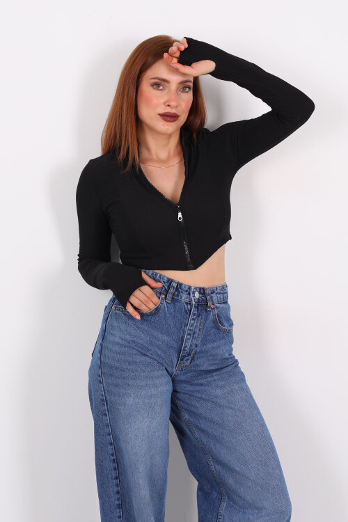 Dik Yaka Parmak Geçirmeli Ottoman Siyah Kadın Crop Ceket - Berox