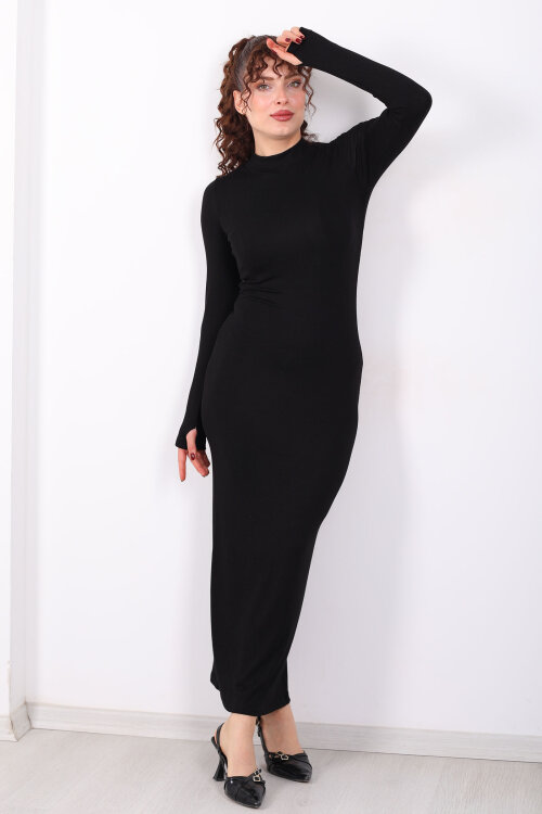 Dik Yaka Parmak Geçirmeli Siyah Kadın Maxi Elbise - 4