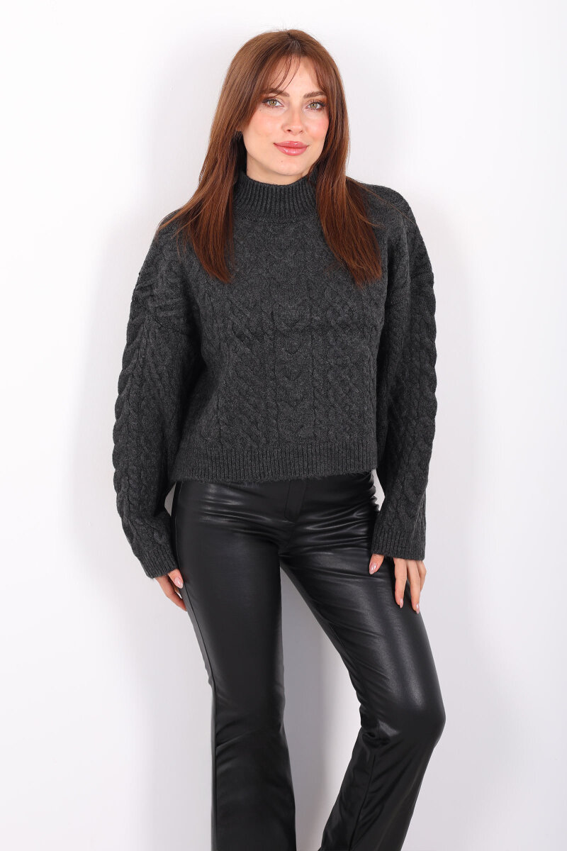 Dik Yaka Saç Örgülü Kadın Antrasit Triko Kazak - 3