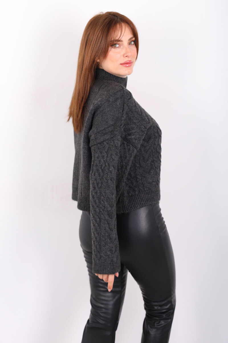 Dik Yaka Saç Örgülü Kadın Antrasit Triko Kazak - 5