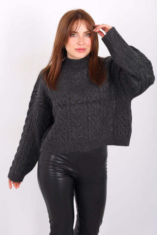 Dik Yaka Saç Örgülü Kadın Antrasit Triko Kazak - Berox