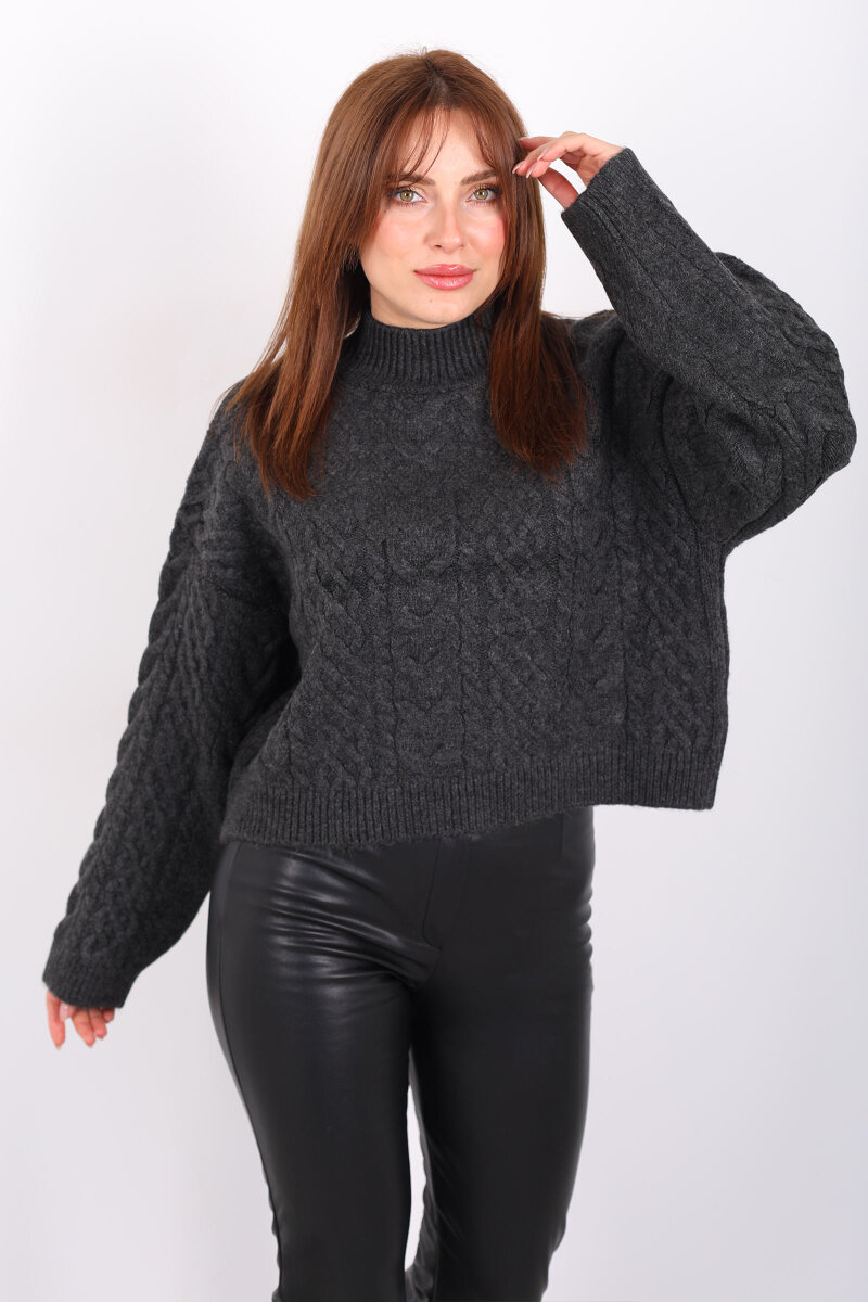 Dik Yaka Saç Örgülü Kadın Antrasit Triko Kazak - 1