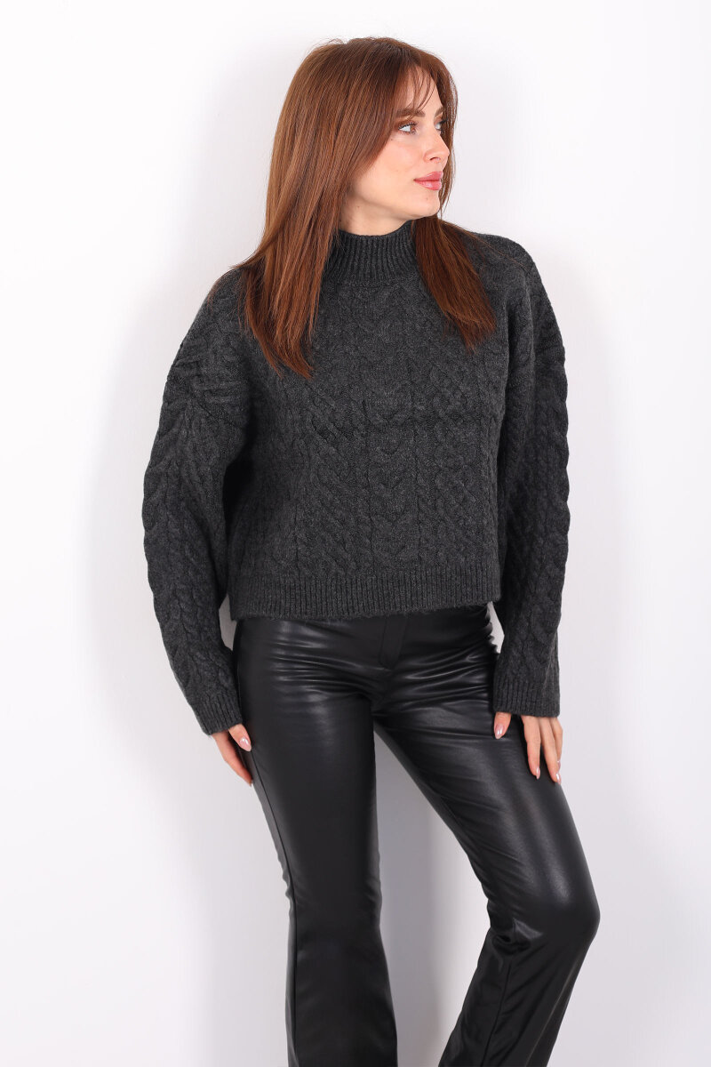 Dik Yaka Saç Örgülü Kadın Antrasit Triko Kazak - 4