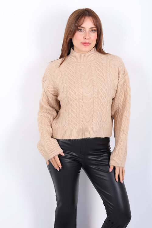 Dik Yaka Saç Örgülü Kadın Bej Triko Kazak - 6