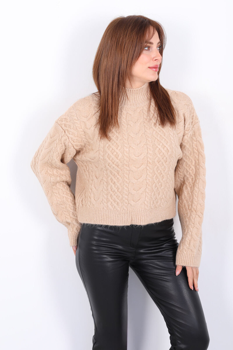 Dik Yaka Saç Örgülü Kadın Bej Triko Kazak - 4