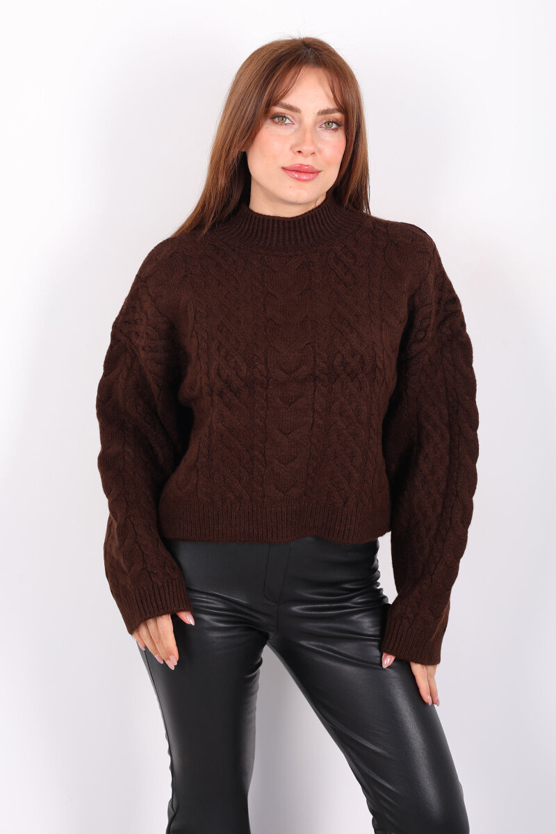 Dik Yaka Saç Örgülü Kadın Kahverengi Triko Kazak - 5