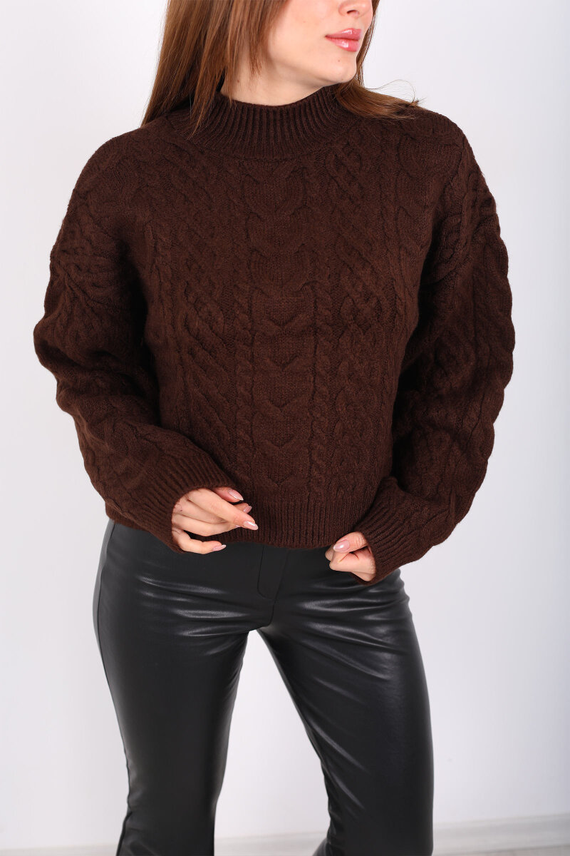 Dik Yaka Saç Örgülü Kadın Kahverengi Triko Kazak - 2