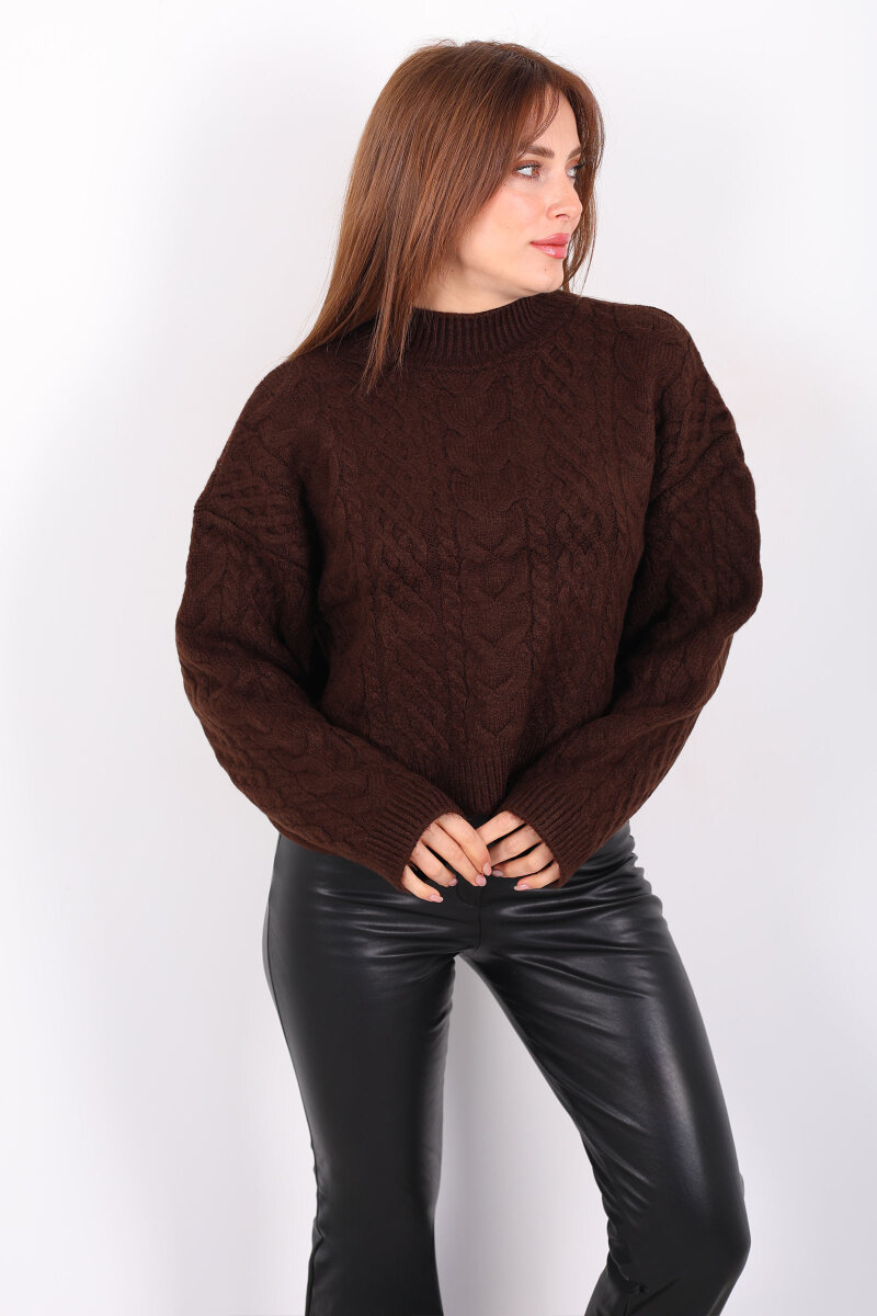 Dik Yaka Saç Örgülü Kadın Kahverengi Triko Kazak - 1