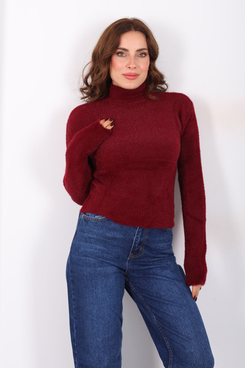 Dik Yaka Sakallı Yumoş Bordo Kadın Triko Kazak - 4