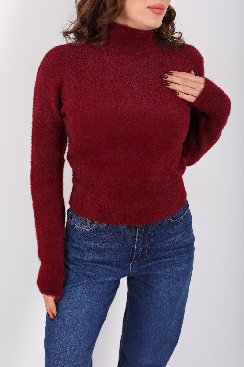 Dik Yaka Sakallı Yumoş Bordo Kadın Triko Kazak - 2