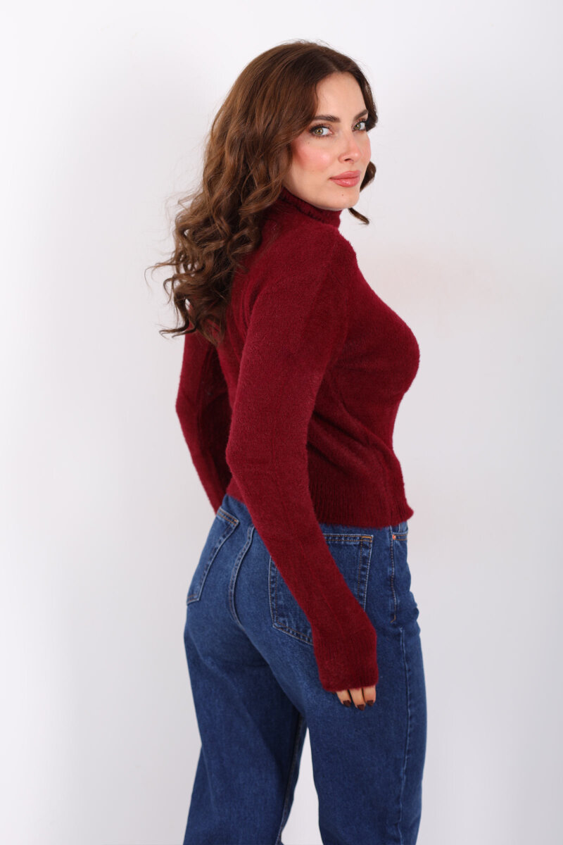 Dik Yaka Sakallı Yumoş Bordo Kadın Triko Kazak - 6