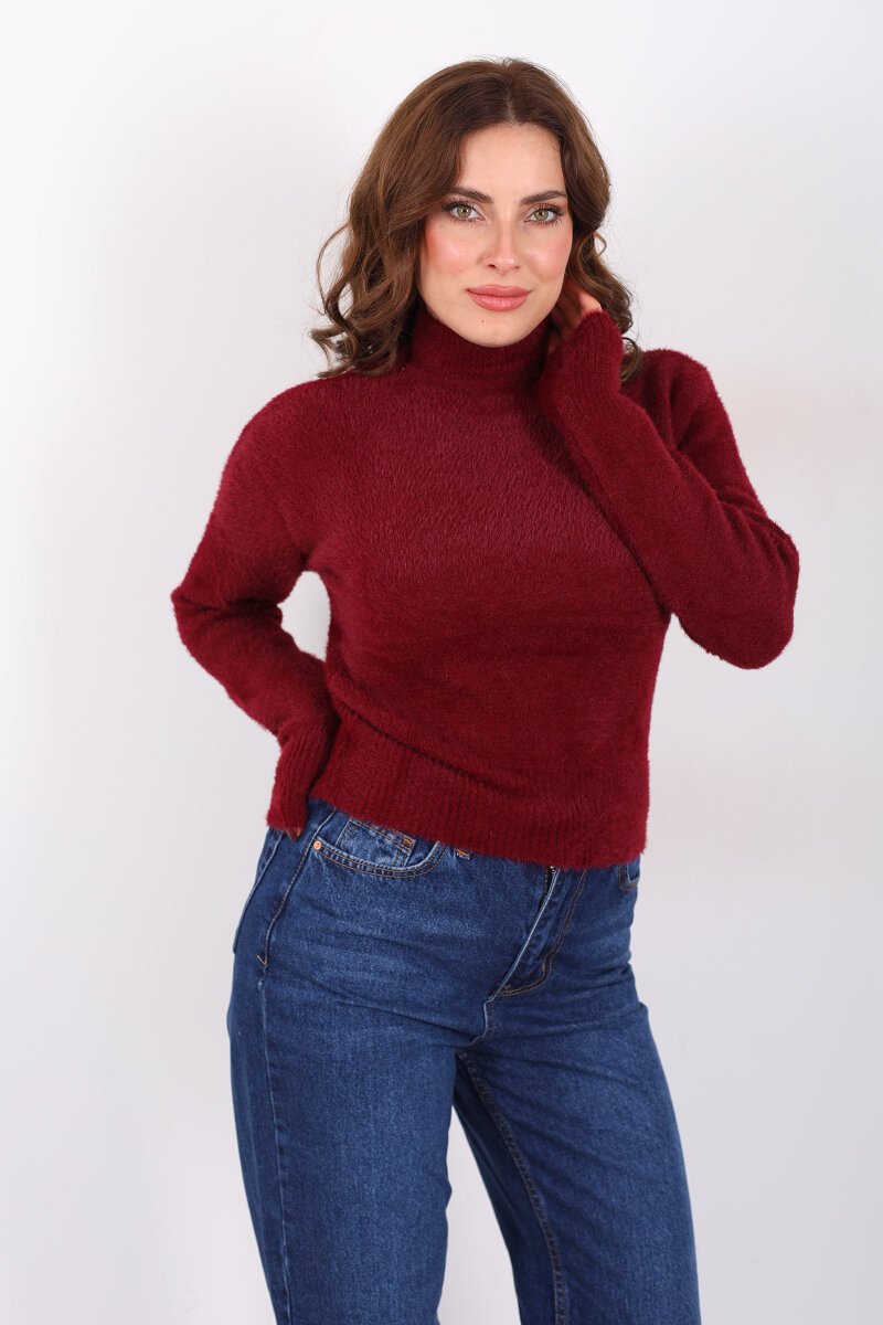 Dik Yaka Sakallı Yumoş Bordo Kadın Triko Kazak - 3