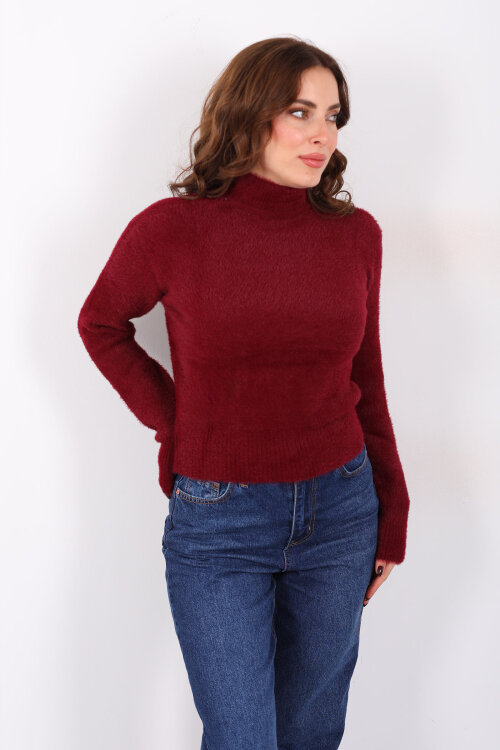 Dik Yaka Sakallı Yumoş Bordo Kadın Triko Kazak - 5