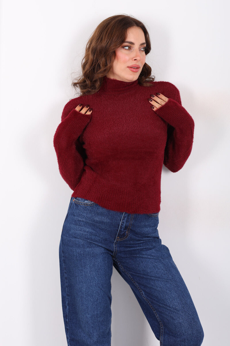 Dik Yaka Sakallı Yumoş Bordo Kadın Triko Kazak - 1