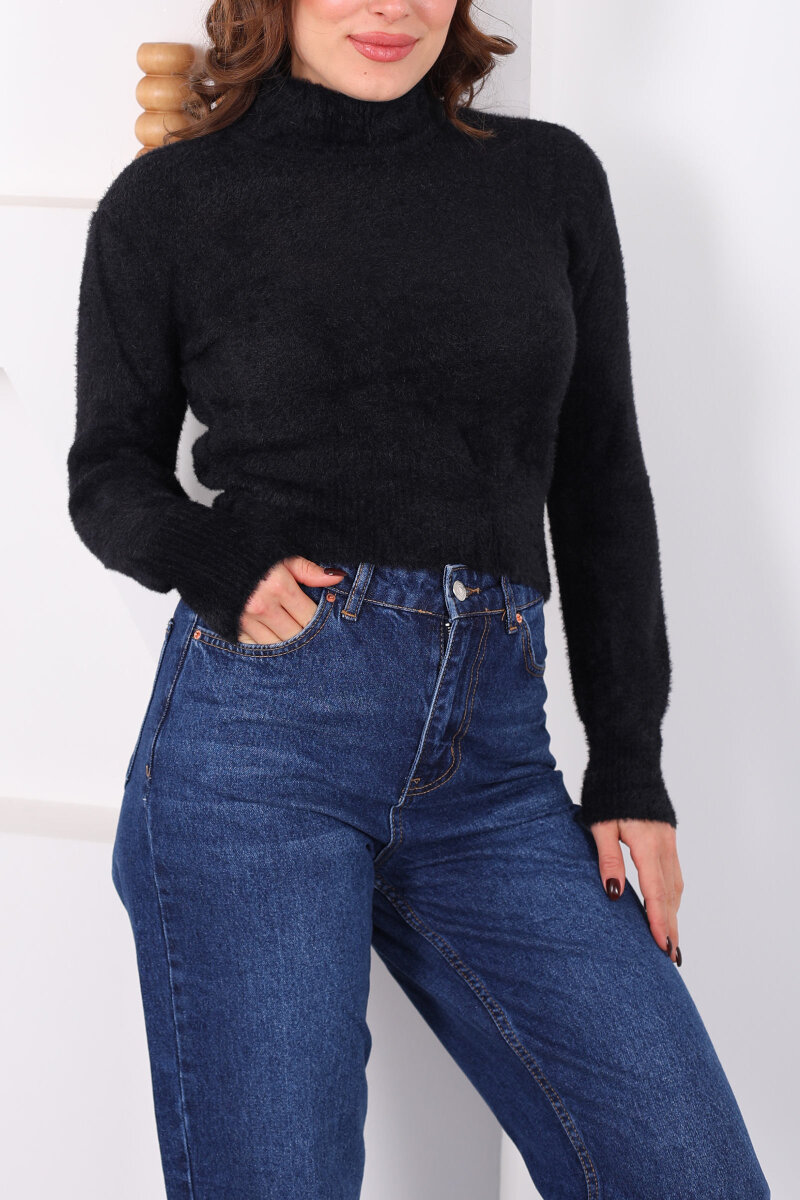 Dik Yaka Sakallı Yumoş Siyah Kadın Triko Kazak - 2