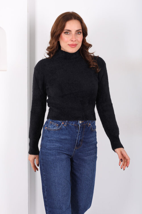 Dik Yaka Sakallı Yumoş Siyah Kadın Triko Kazak - 3