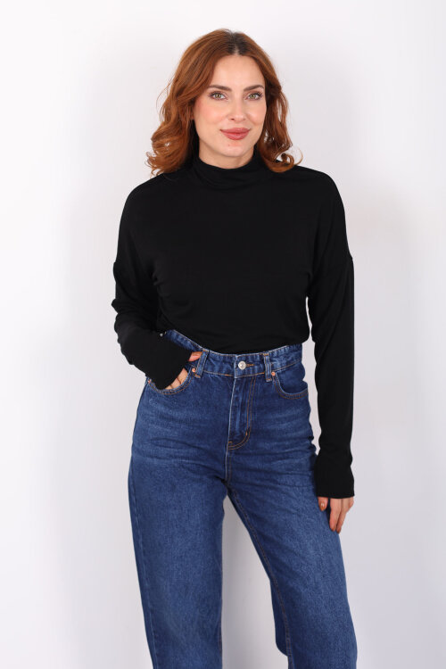 Dik Yaka Siyah Kadın Buzi Bluz - 6