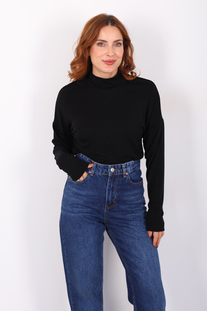 Dik Yaka Siyah Kadın Buzi Bluz - 6