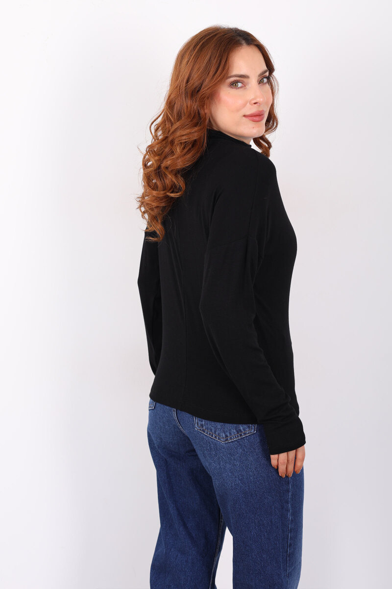 Dik Yaka Siyah Kadın Buzi Bluz - 5
