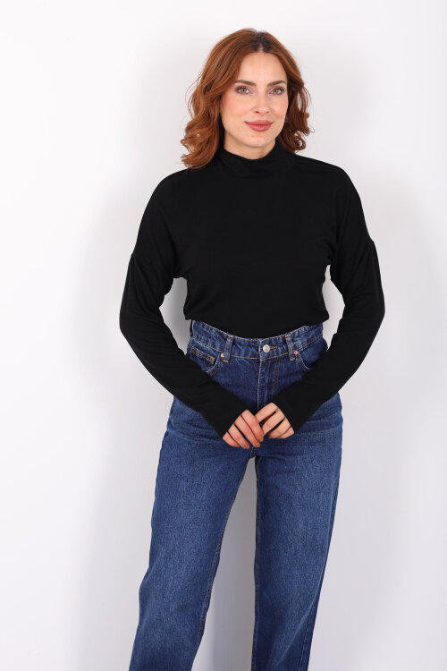 Dik Yaka Siyah Kadın Buzi Bluz - 3