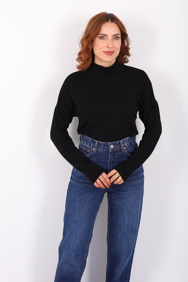 Dik Yaka Siyah Kadın Buzi Bluz - 3
