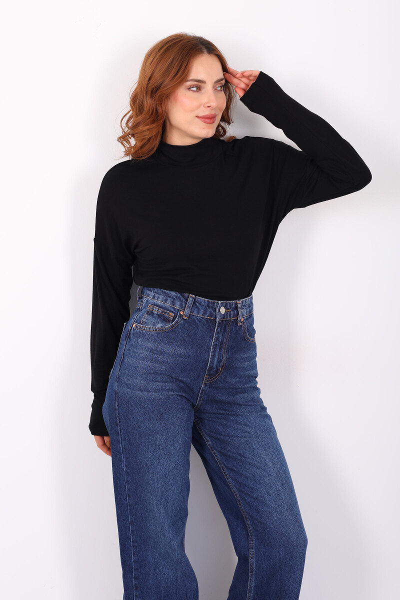 Dik Yaka Siyah Kadın Buzi Bluz - 1