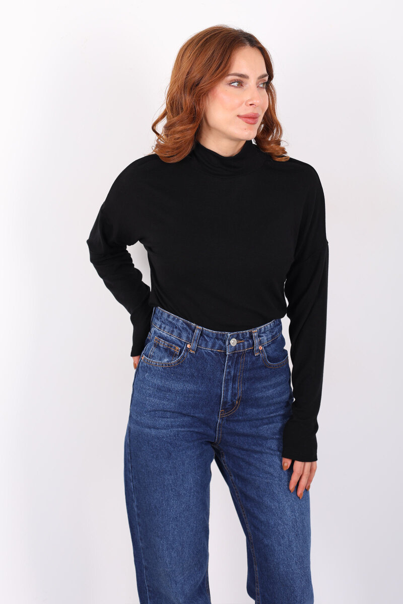 Dik Yaka Siyah Kadın Buzi Bluz - 4