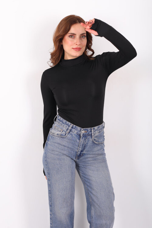 Dik Yaka Siyah Kadın Çıtçıtlı Body - Berox