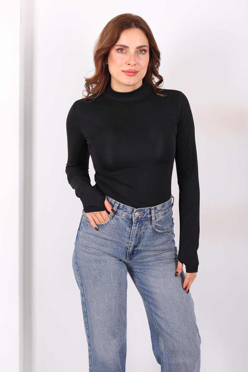 Dik Yaka Siyah Kadın Çıtçıtlı Body - 3