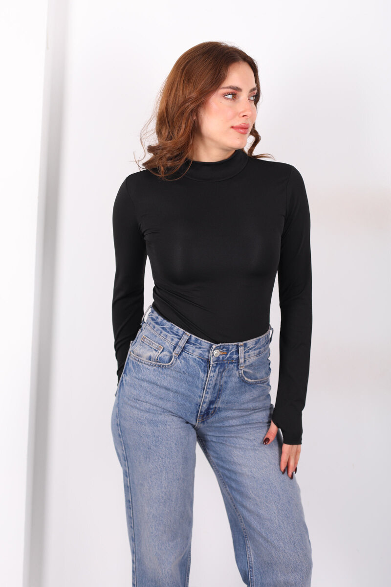 Dik Yaka Siyah Kadın Çıtçıtlı Body - 5