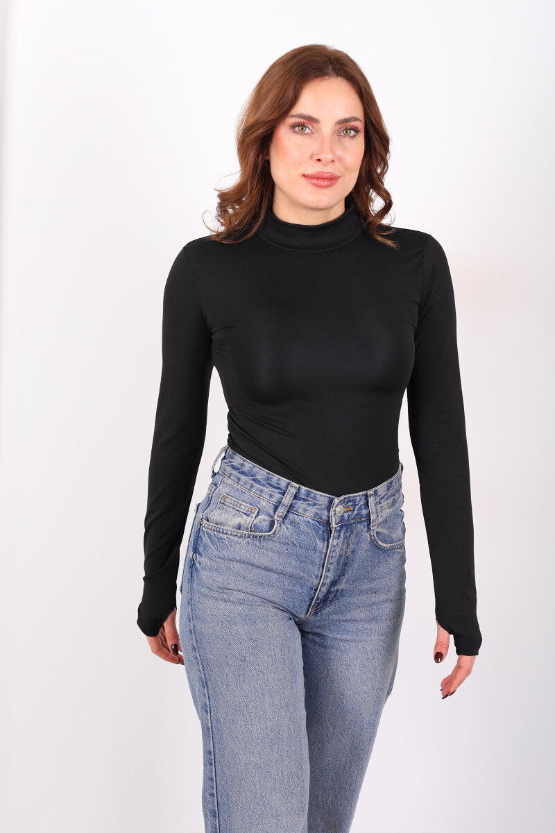Dik Yaka Siyah Kadın Çıtçıtlı Body - 4