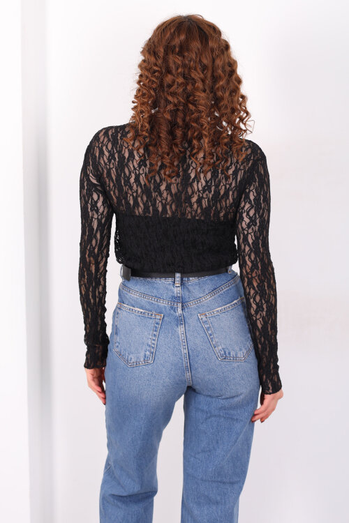 Dik Yaka Siyah Kadın Dantel Bluz - 6