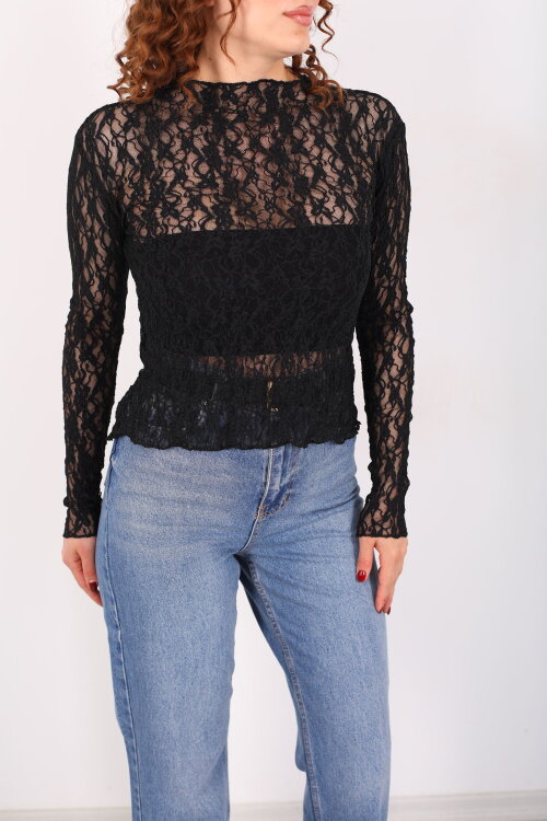 Dik Yaka Siyah Kadın Dantel Bluz - Berox (1)