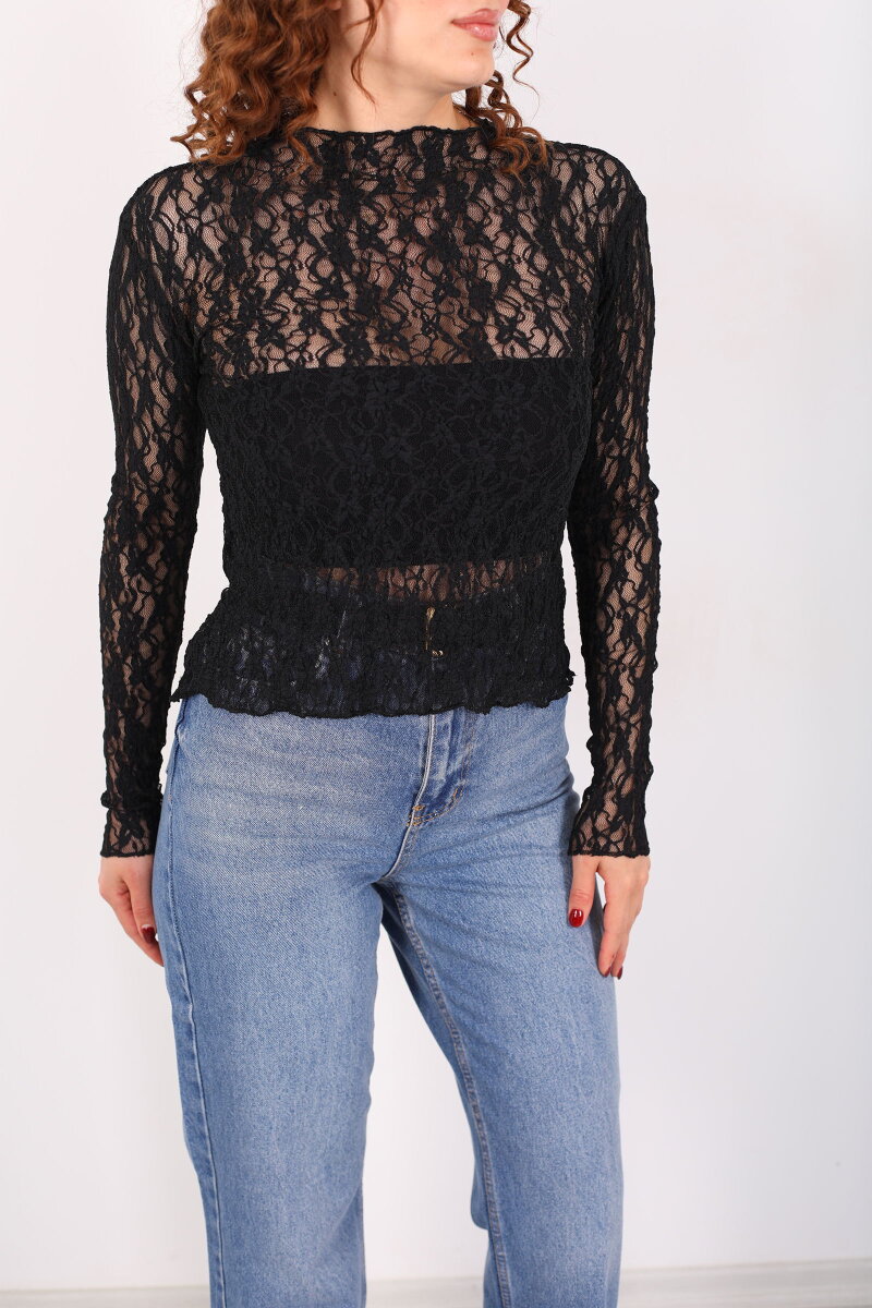 Dik Yaka Siyah Kadın Dantel Bluz - 2