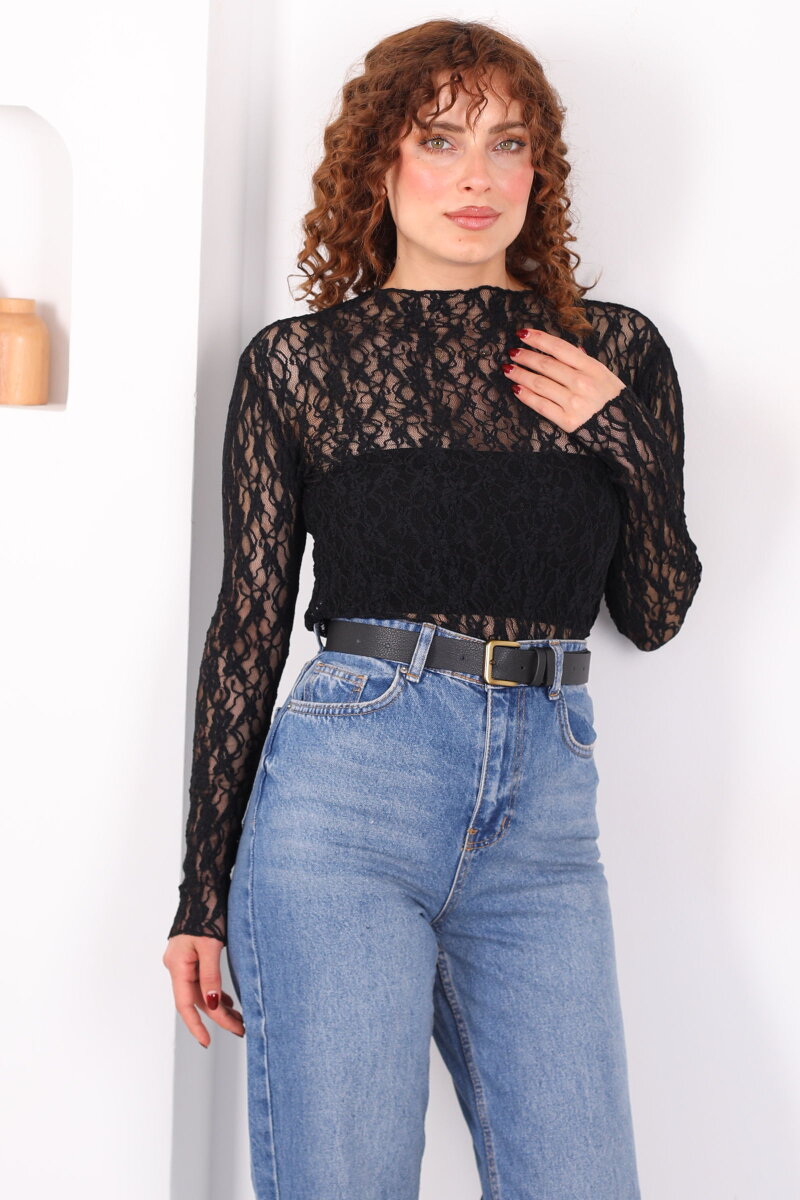 Dik Yaka Siyah Kadın Dantel Bluz - 4