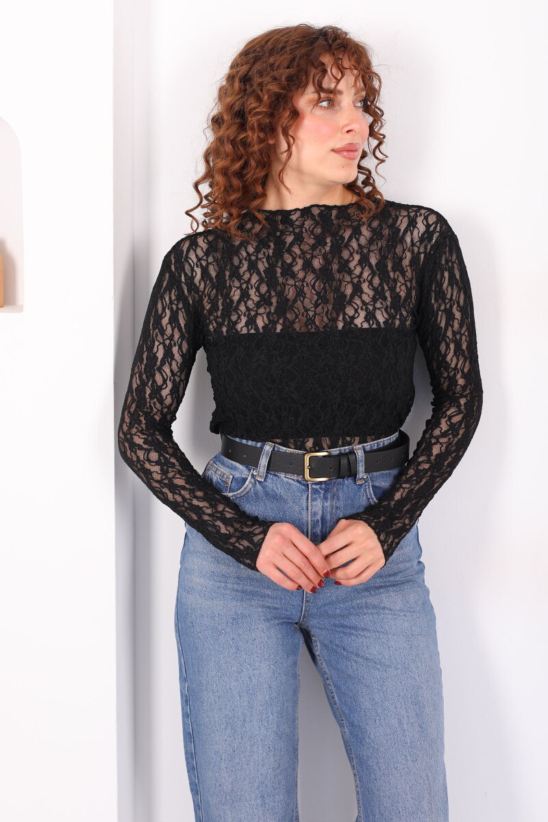 Dik Yaka Siyah Kadın Dantel Bluz - 1