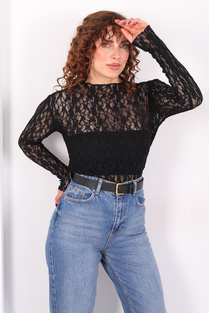 Dik Yaka Siyah Kadın Dantel Bluz - 5