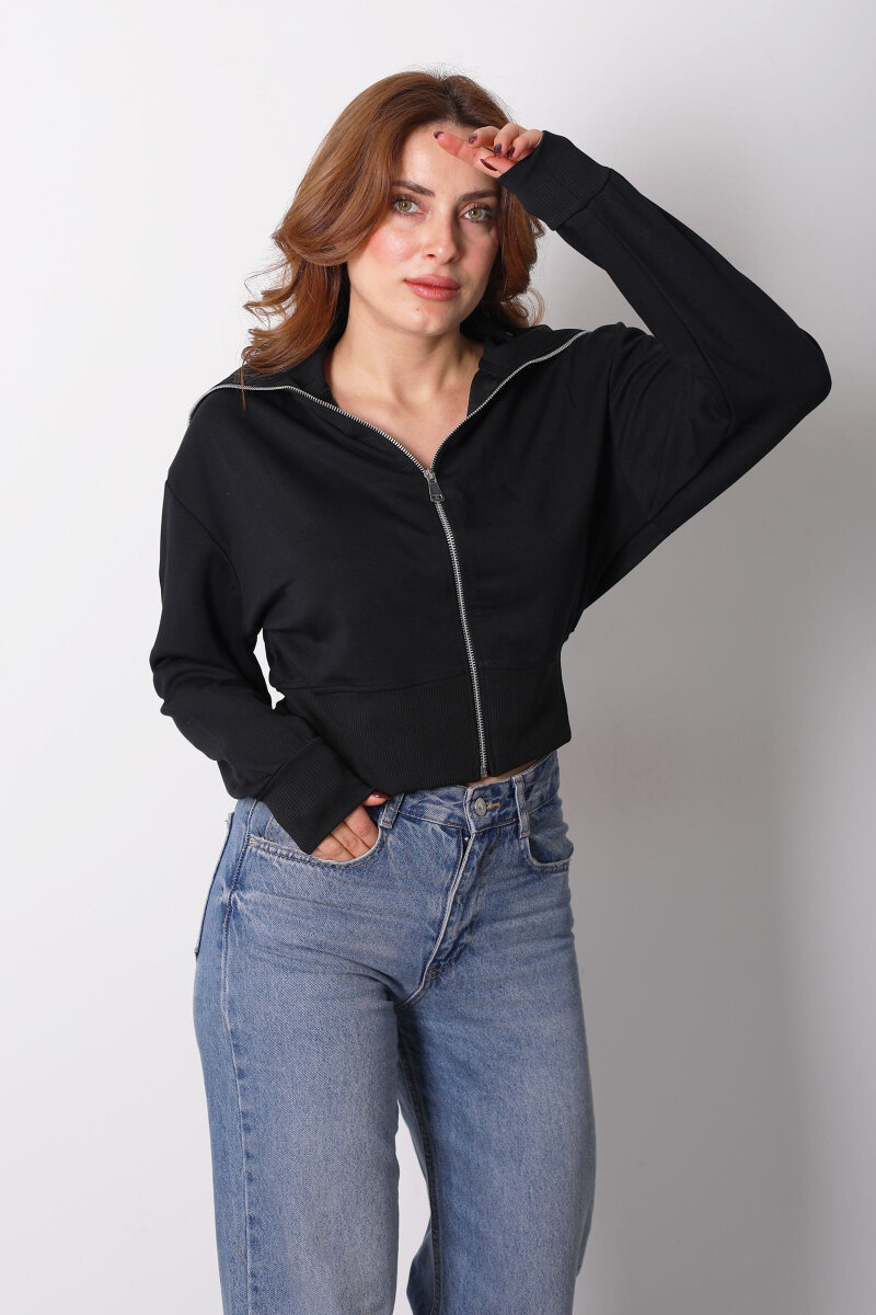 Dik Yaka Siyah Kadın Fermuarlı Sweatshirt - 5