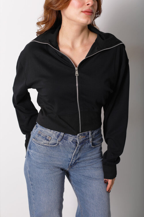 Dik Yaka Siyah Kadın Fermuarlı Sweatshirt - 2