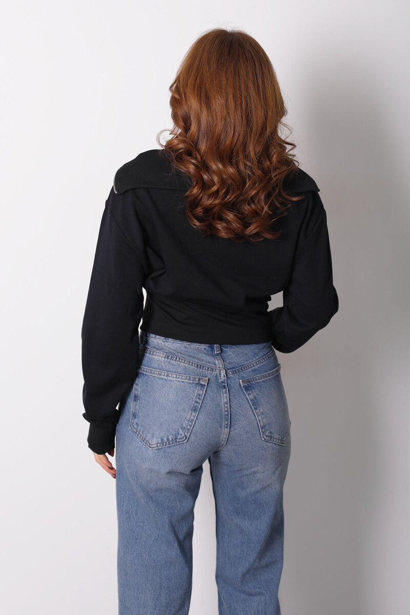 Dik Yaka Siyah Kadın Fermuarlı Sweatshirt - 4
