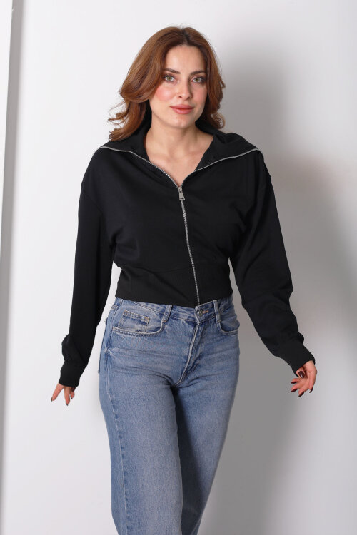 Dik Yaka Siyah Kadın Fermuarlı Sweatshirt 