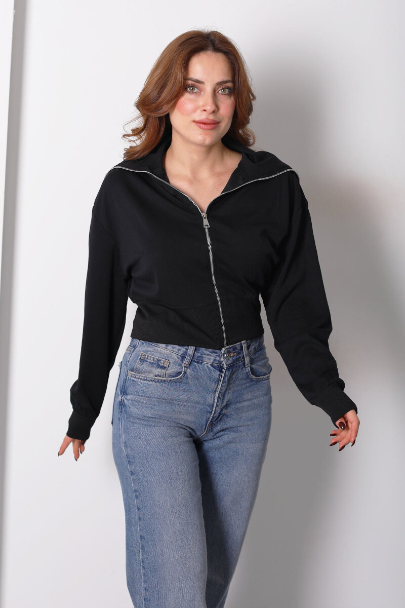 Dik Yaka Siyah Kadın Fermuarlı Sweatshirt - 1