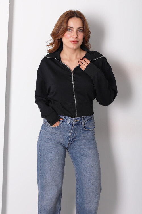 Dik Yaka Siyah Kadın Fermuarlı Sweatshirt - 3