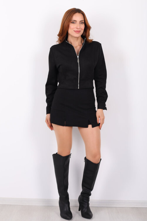 Dik Yaka Siyah Kadın Süet Ceket - 4