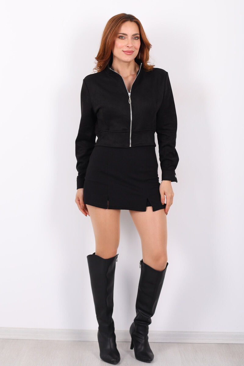 Dik Yaka Siyah Kadın Süet Ceket - 4